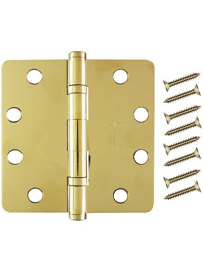 Alternate View 4 of 4 1/2 inch Solid Brass Ball-Bearing Door Hinge with Button Tips and 1/4 inch Radius Corners.
