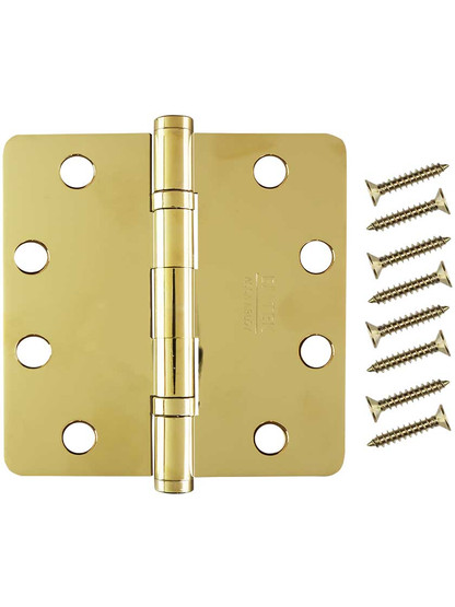 Alternate View 4 of 4 1/2 inch Solid Brass Ball-Bearing Door Hinge with Button Tips and 1/4 inch Radius Corners.