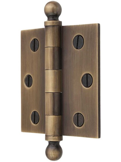 Alternate View of 3 inch Solid-Brass Door Hinge with Ball Finials in Antique-by-Hand.