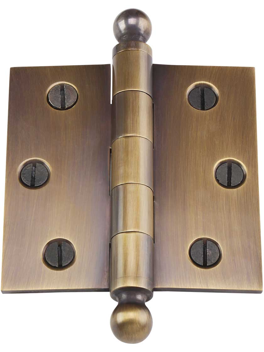 Alternate View 2 of 3 inch Solid-Brass Door Hinge with Ball Finials in Antique-by-Hand.