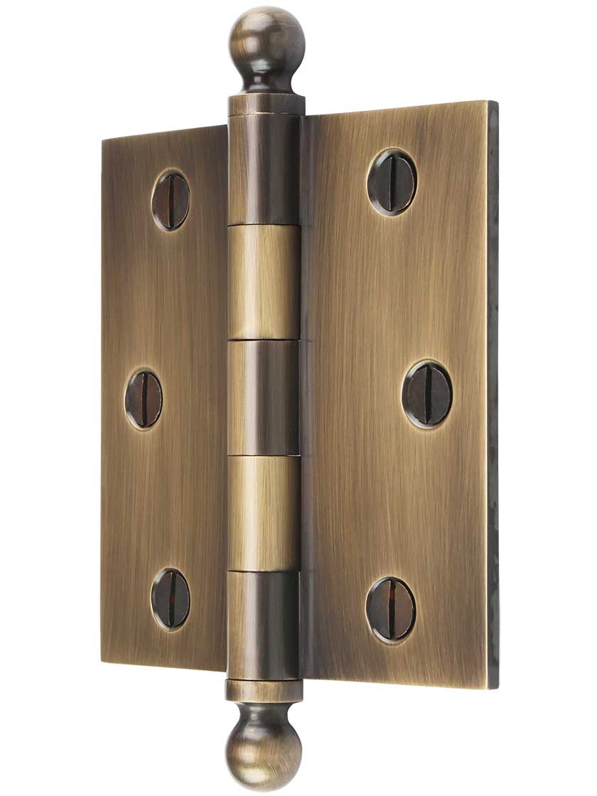 Alternate View of 3 1/2 inch Solid-Brass Door Hinge with Ball Finials in Antique-by-Hand.