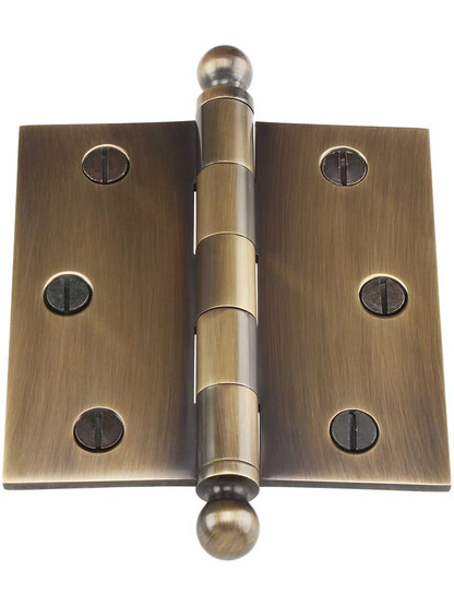 Alternate View 2 of 3 1/2 inch Solid-Brass Door Hinge with Ball Finials in Antique-by-Hand.