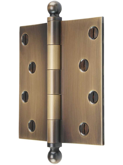 Alternate View of 4 inch Solid-Brass Door Hinge with Ball Finials in Antique-by-Hand.