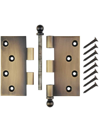 Alternate View 4 of 4 inch Solid-Brass Door Hinge with Ball Finials in Antique-by-Hand.