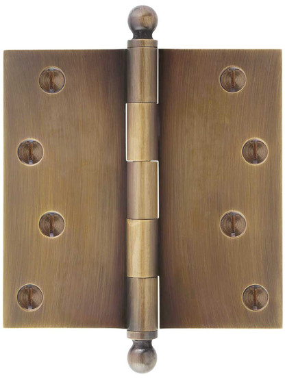 4 1/2 inch Solid-Brass Door Hinge with Ball Finials in Antique-by-Hand.