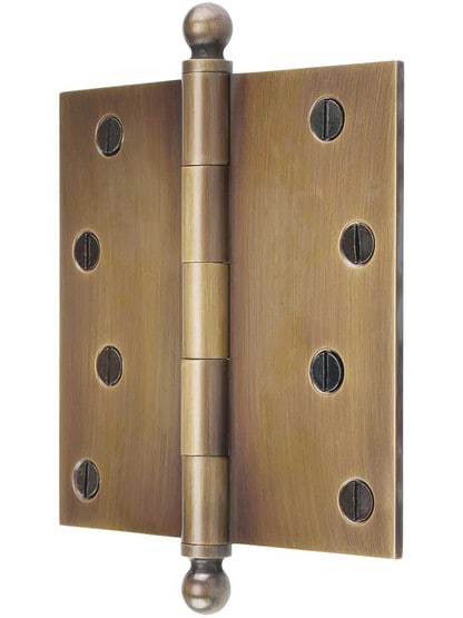 Alternate View of 4 1/2 inch Solid-Brass Door Hinge with Ball Finials in Antique-by-Hand.