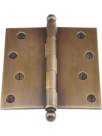 Alternate View 2 of 4 1/2 inch Solid-Brass Door Hinge with Ball Finials in Antique-by-Hand.