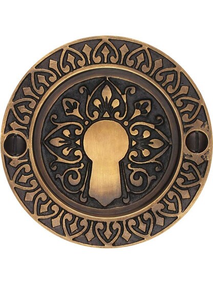 Alternate View of Ornate Flush Door Pull In Antique-By-Hand Finish.