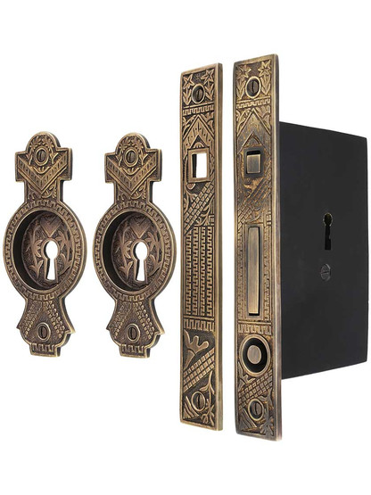 Oriental Bit-Key Single Pocket Door Mortise-Lock Set in Antique-by-Hand.