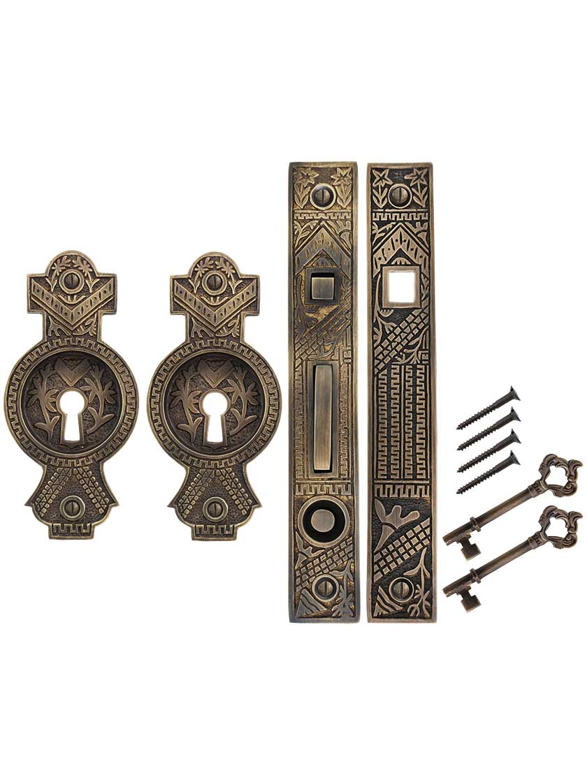 Oriental Bit-Key Single Pocket Door Mortise-Lock Set in Antique-by-Hand