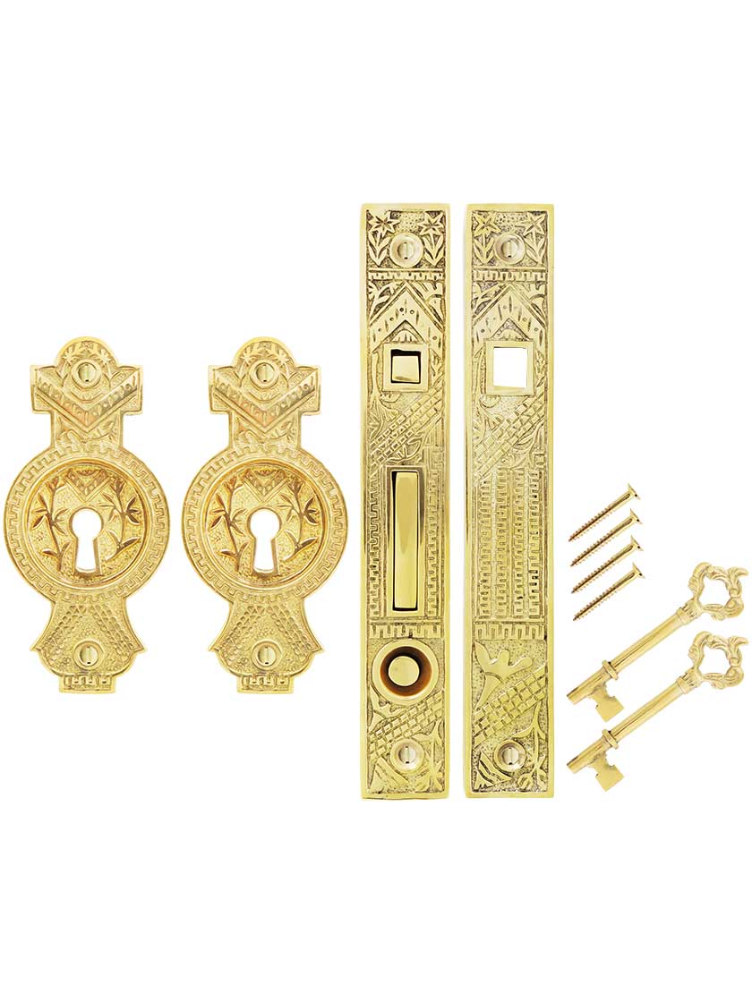 Alternate View of Oriental Bit-Key Single Pocket Door Mortise-Lock Set in Unlacquered Brass.