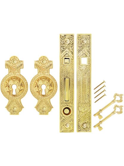 Alternate View of Oriental Bit-Key Single Pocket Door Mortise-Lock Set in Unlacquered Brass.