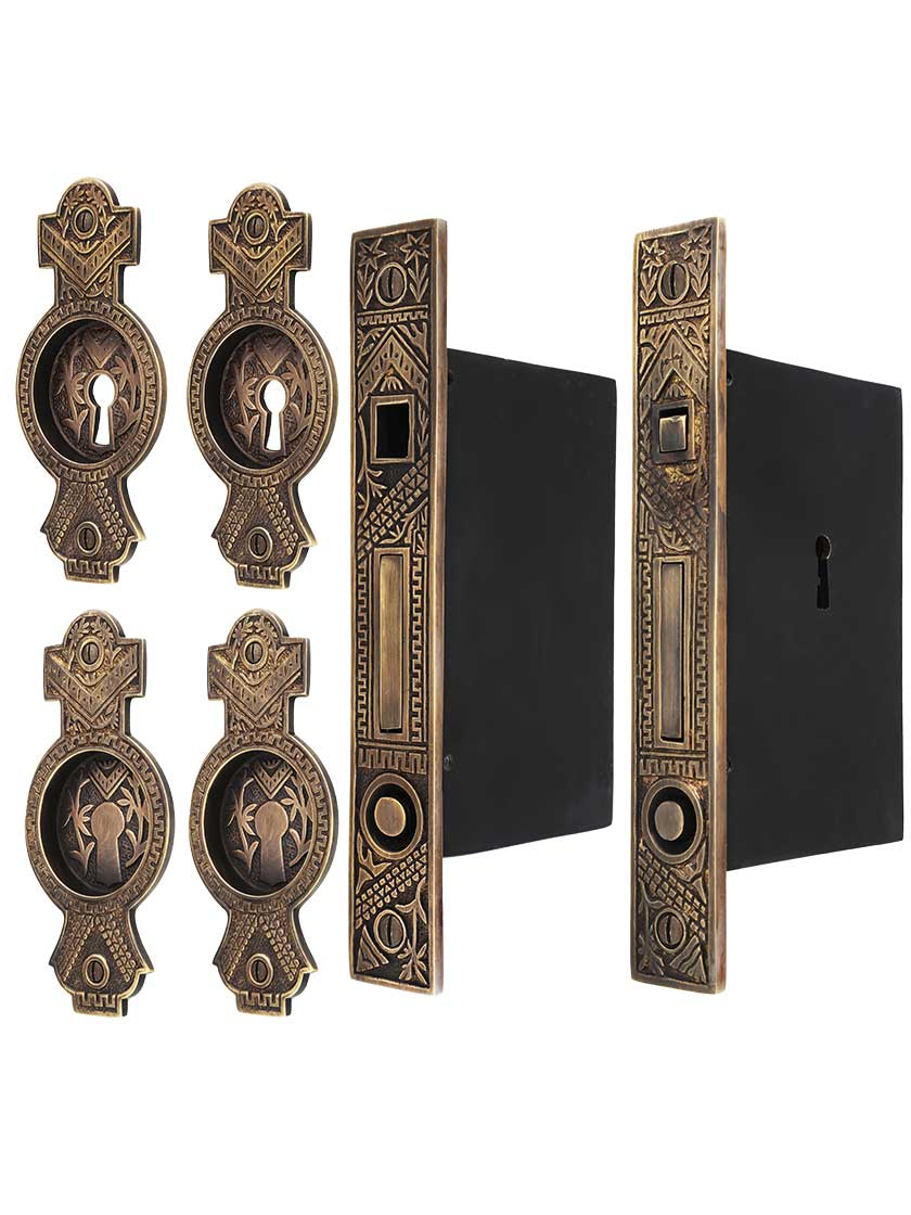 Oriental Bit-Key Double Pocket Door Mortise-Lock Set in Antique-by-Hand