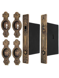 Oriental Bit-Key Double Pocket Door Mortise-Lock Set in Antique-by-Hand
