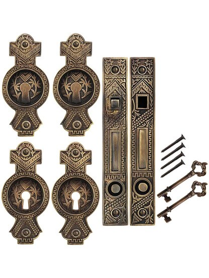 Alternate View of Oriental Bit-Key Double Pocket Door Mortise-Lock Set in Antique-by-Hand.