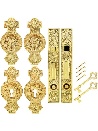 Alternate View of Oriental Bit-Key Double Pocket Door Mortise-Lock Set in Unlacquered Brass.