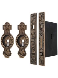 Hummingbird Bit-Key Single Pocket Door Mortise-Lock Set in Antique-by-Hand