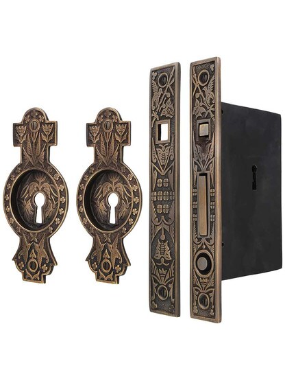 Hummingbird Bit-Key Single Pocket Door Mortise-Lock Set in Antique-by-Hand.