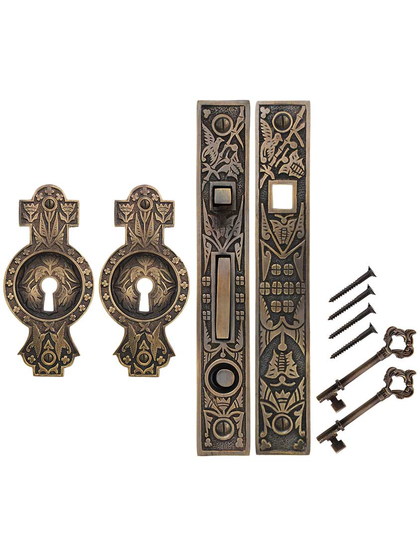 Hummingbird Bit-Key Single Pocket Door Mortise-Lock Set in Antique-by-Hand