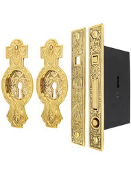 Hummingbird Bit-Key Single Pocket Door Mortise-Lock Set in Unlacquered Brass.