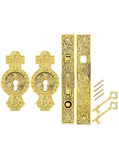 Alternate View of Hummingbird Bit-Key Single Pocket Door Mortise-Lock Set in Unlacquered Brass.