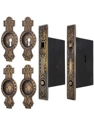 Hummingbird Bit-Key Double Pocket Door Mortise-Lock Set in Antique-by-Hand