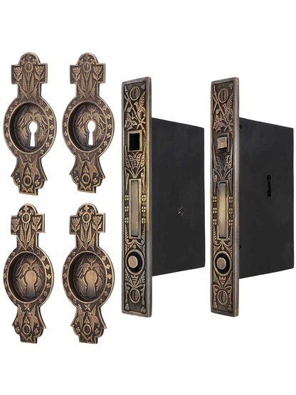 Hummingbird Bit-Key Double Pocket Door Mortise-Lock Set in Antique-by-Hand.