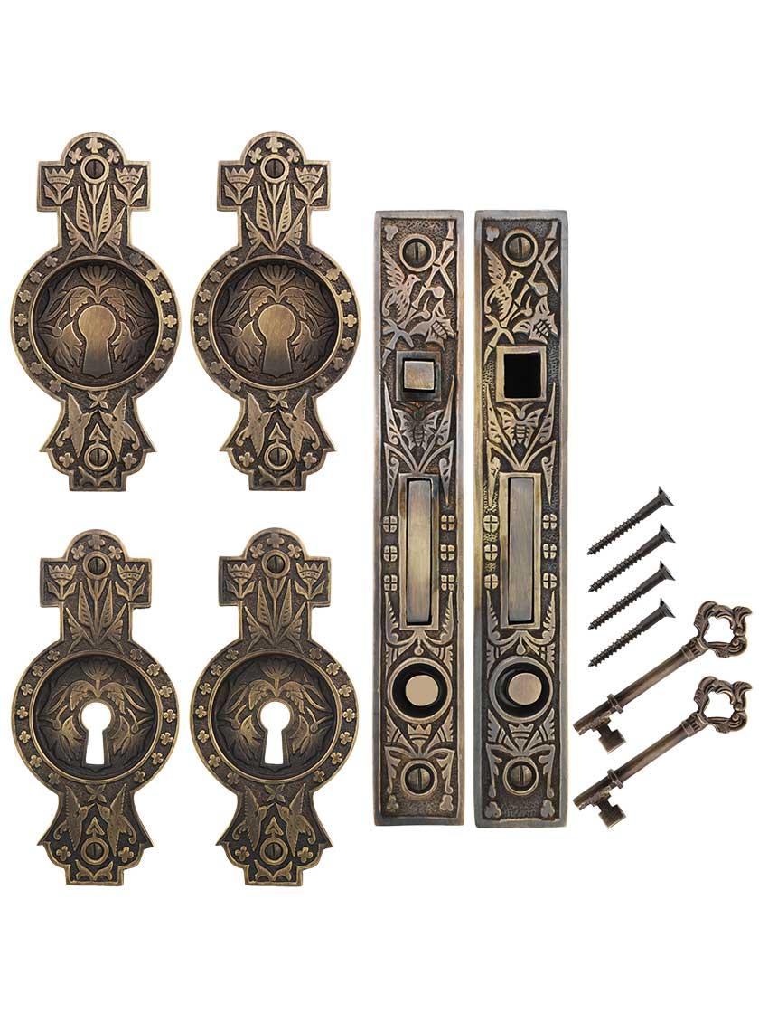 Alternate View of Hummingbird Bit-Key Double Pocket Door Mortise-Lock Set in Antique-by-Hand.