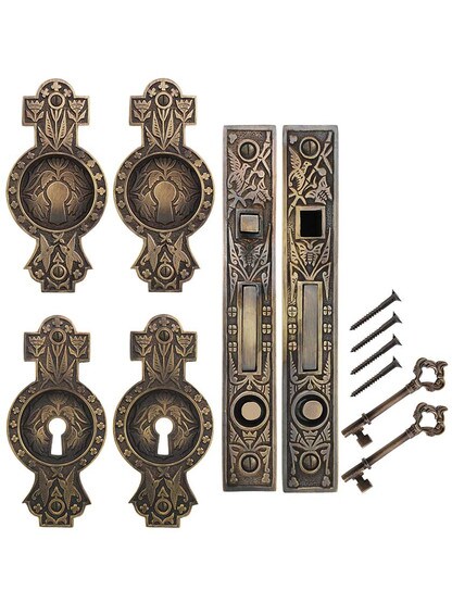 Alternate View of Hummingbird Bit-Key Double Pocket Door Mortise-Lock Set in Antique-by-Hand.
