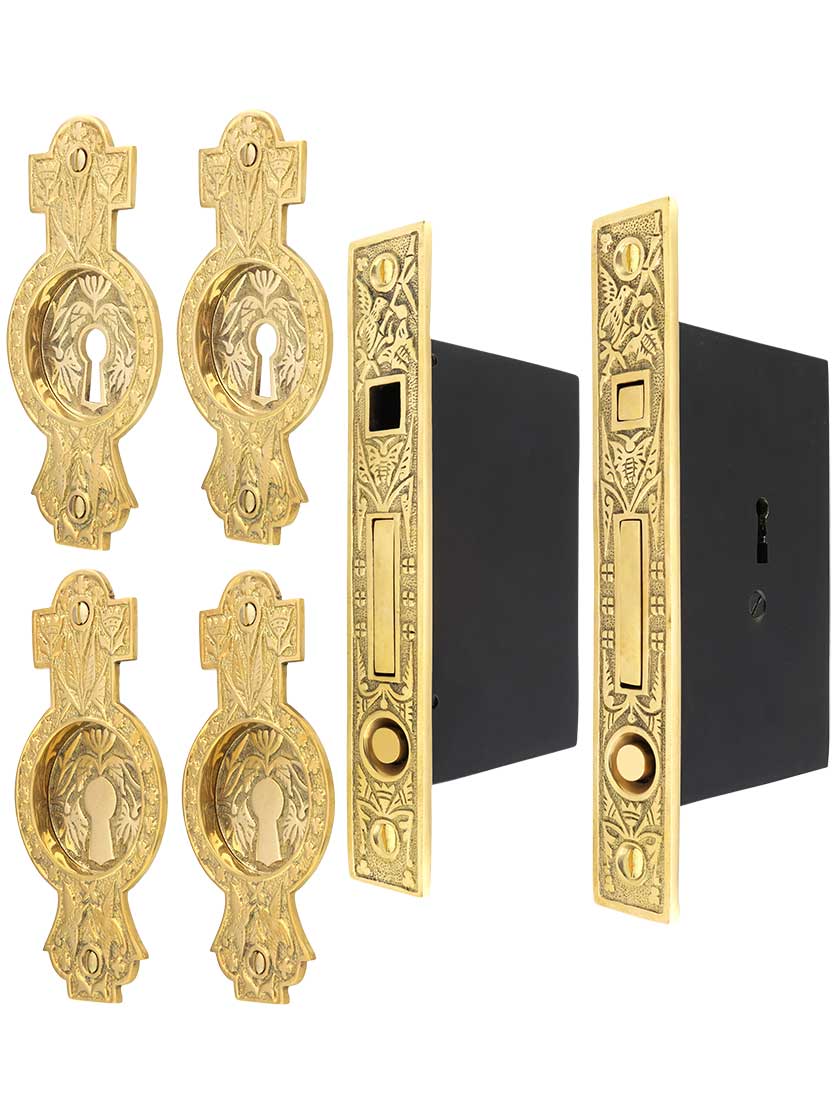 Hummingbird Bit-Key Double Pocket Door Mortise-Lock Set in Unlacquered Brass