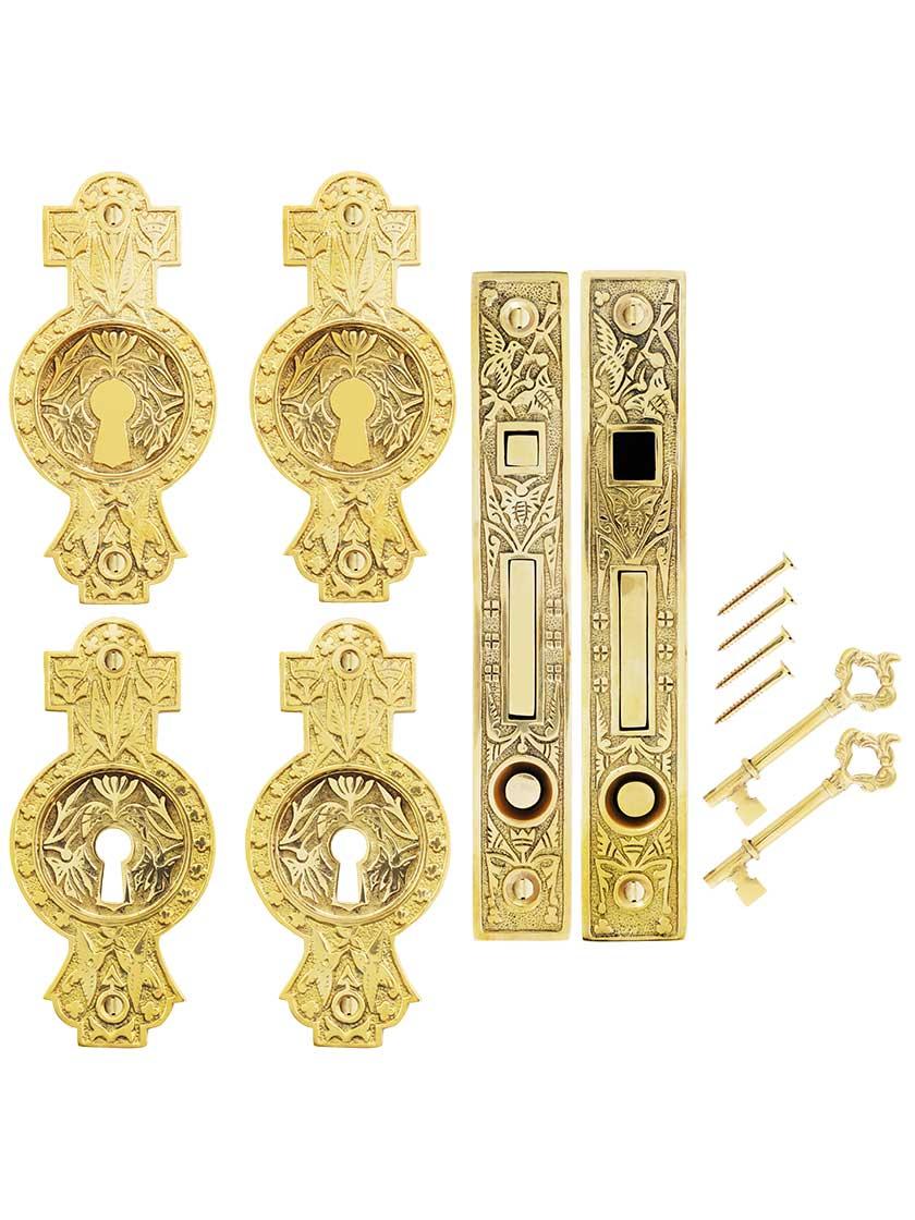 Alternate View of Hummingbird Bit-Key Double Pocket Door Mortise-Lock Set in Unlacquered Brass.