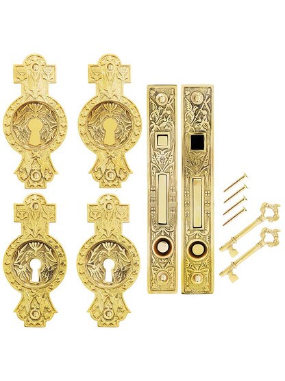 Alternate View of Hummingbird Bit-Key Double Pocket Door Mortise-Lock Set in Unlacquered Brass.