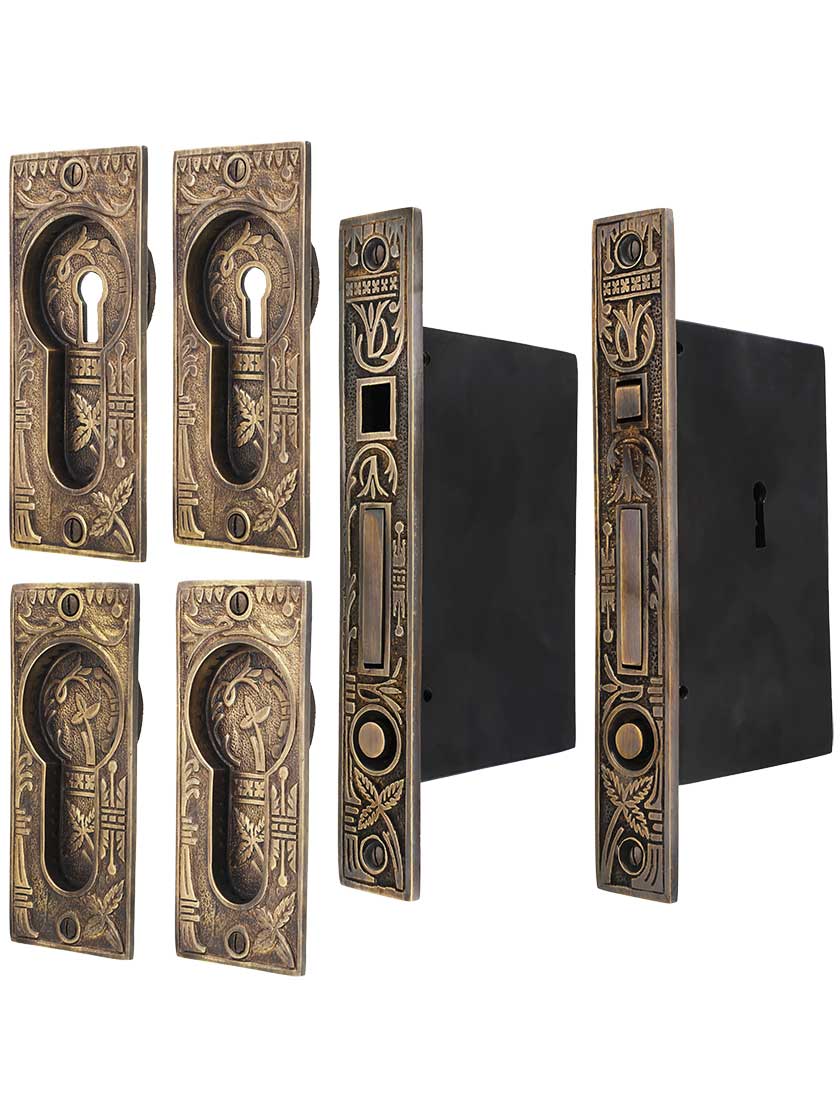 Broken Leaf Bit-Key Double Pocket Door Mortise-Lock Set in Antique-by-Hand