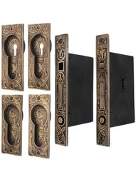 Broken Leaf Bit-Key Double Pocket Door Mortise-Lock Set in Antique-by-Hand.