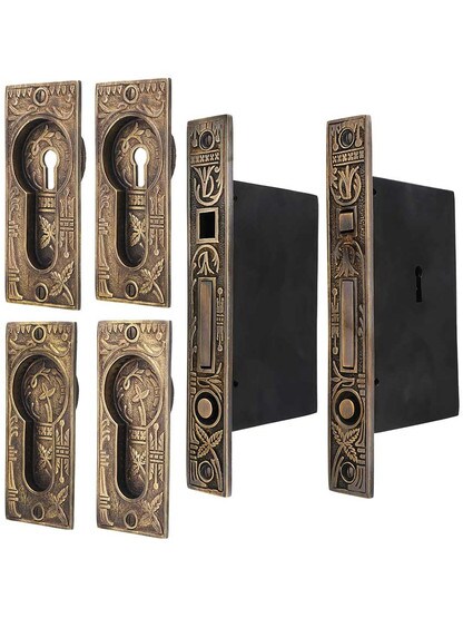 Broken Leaf Bit-Key Double Pocket Door Mortise-Lock Set in Antique-by-Hand.