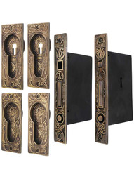 Broken Leaf Bit-Key Double Pocket Door Mortise-Lock Set in Antique-by-Hand