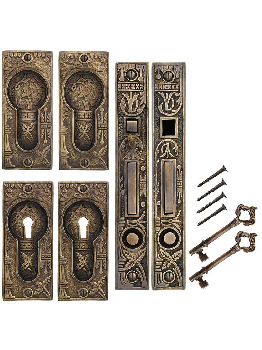 Broken Leaf Bit-Key Double Pocket Door Mortise-Lock Set in Antique