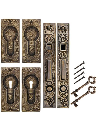 Alternate View of Broken Leaf Bit-Key Double Pocket Door Mortise-Lock Set in Antique-by-Hand.