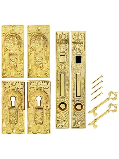 Alternate View of Broken Leaf Bit-Key Double Pocket Door Mortise-Lock Set in Unlacquered Brass.