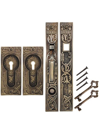 Alternate View of Broken Leaf Bit-Key Single Pocket Door Mortise-Lock Set in Antique-by-Hand.