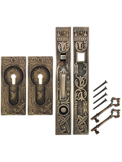 Broken Leaf Bit-Key Single Pocket Door Mortise-Lock Set in Antique-by-Hand