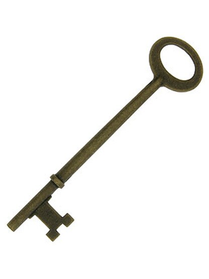 3 1/8 inch Antique Brass Plated Skeleton Key With Triple Notched Bit.