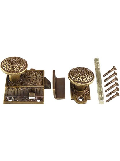 Alternate View 2 of Decorative Cast Brass Screen Door Latch Set In Antique-By-Hand