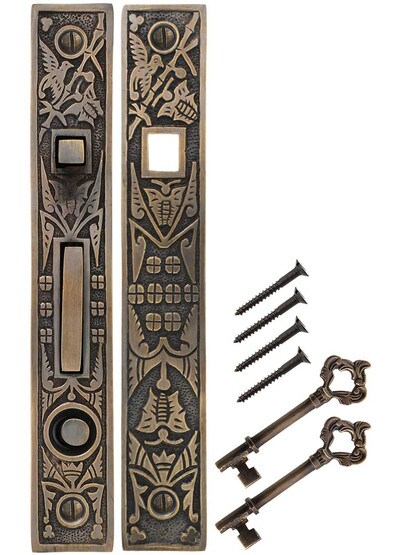 Alternate View of Hummingbird Bit-Key Single Pocket-Door Mortise Lock in Antique-by-Hand.