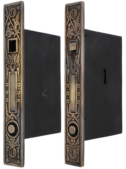 Hummingbird Bit-Key Double Pocket-Door Mortise Lock in Antique-by-Hand.