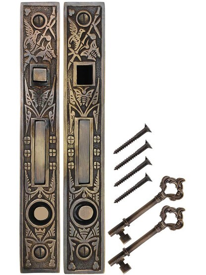 Alternate View of Hummingbird Bit-Key Double Pocket-Door Mortise Lock in Antique-by-Hand.
