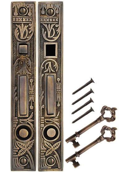 Alternate View of Broken Leaf Bit-Key Double Pocket-Door Mortise Lock in Antique-by-Hand.