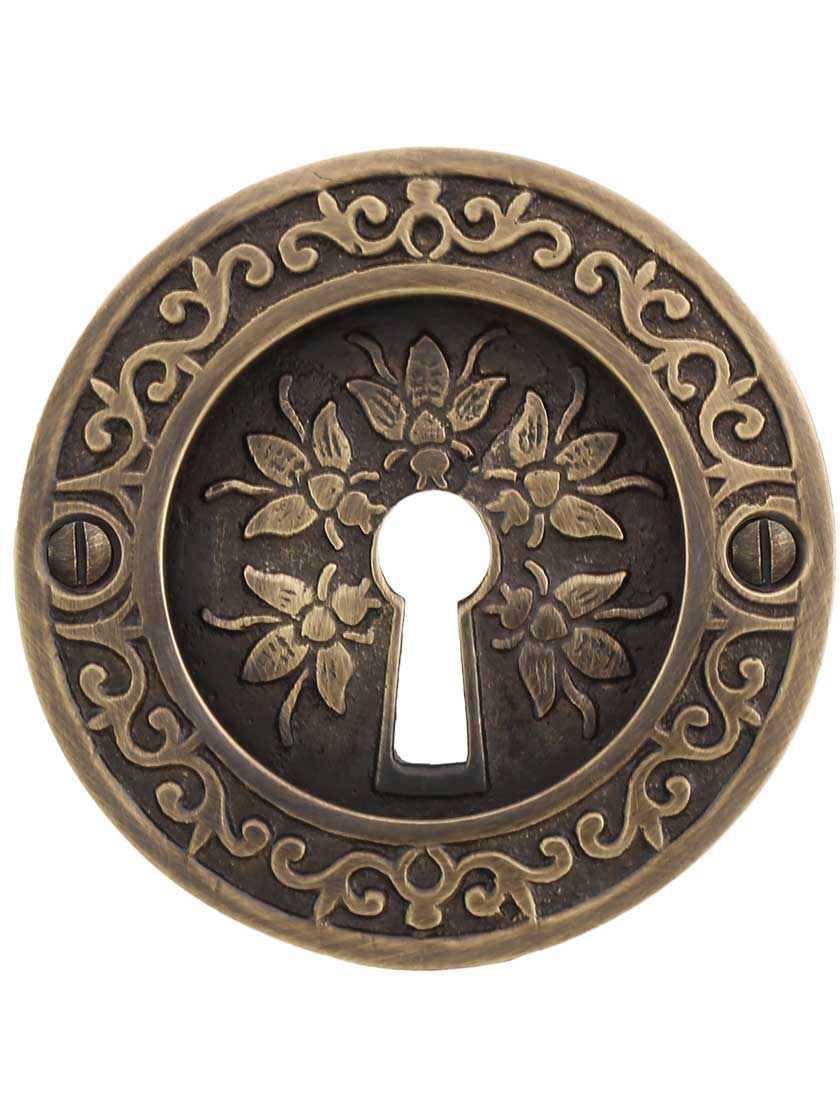 Alternate View of Bee Design Pocket-Door Pull with Keyhole in Antique-by-Hand.