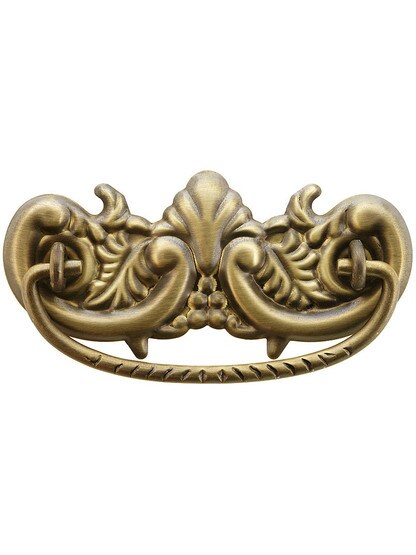 Victorian-Style Ornate Brass Bail Pull in Antique-by-Hand - 3 inch Center-to-Center.