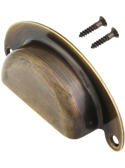 Alternate View 2 of 3 1/2-Inch Stamped Brass Cup Drawer Pull In Antique-By-Hand - 3-Inch Center-to-Center.